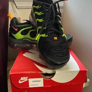 Nike Black and Neon Green VaporMax Plus Sneakers with Orange Accents